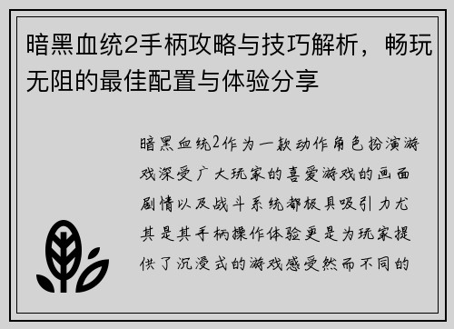暗黑血统2手柄攻略与技巧解析，畅玩无阻的最佳配置与体验分享